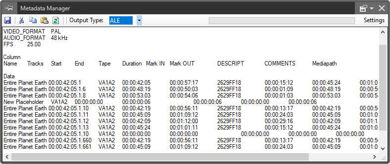 metadata manager window
