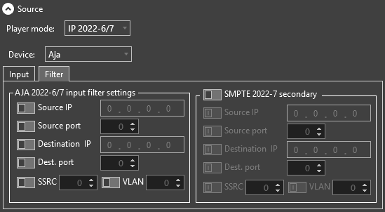 input filter settings for AJA on IP 2022-6/7