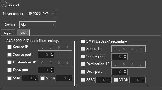 input filter settings for AJA on IP 2022-6/7