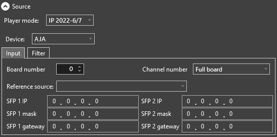 input source settings for AJA on IP 2022-6/7