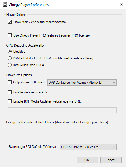 Cinegy Player Preferences dialog