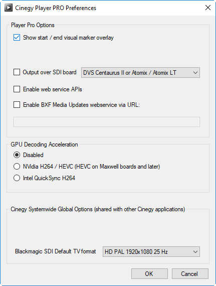 Cinegy Player Preferences dialog