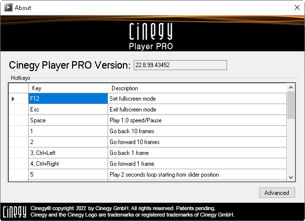 Cinegy Player About window