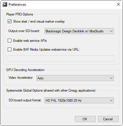 Cinegy Player Preferences dialog