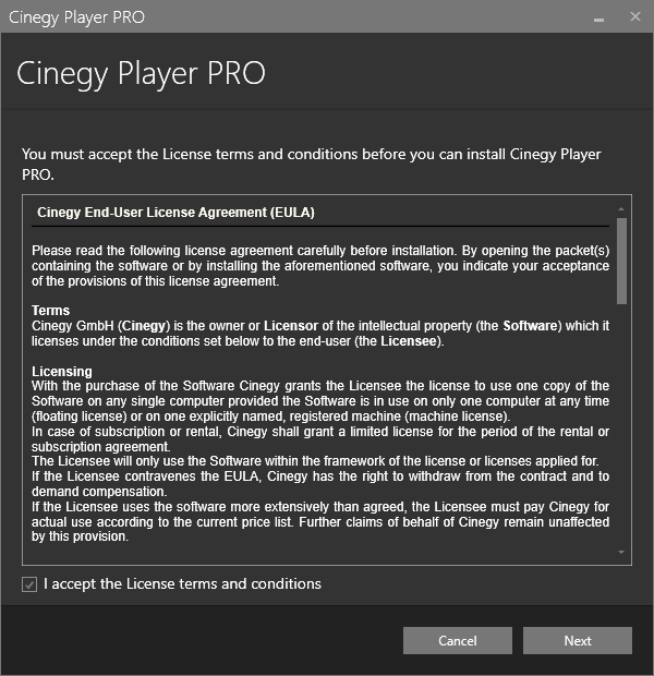 Cinegy Player setup dialog