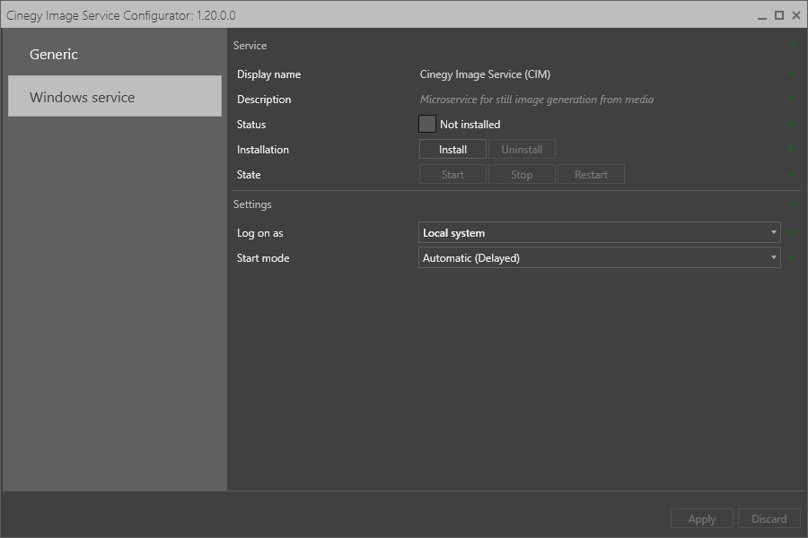 Cinegy Image Service Configuration Windows Service