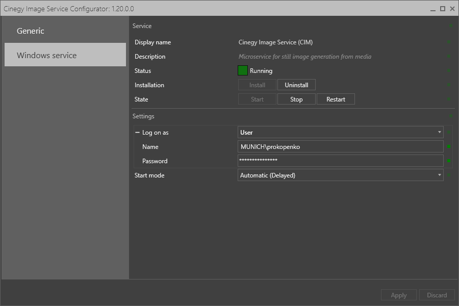 Cinegy Image Service Configuration Windows Service Start