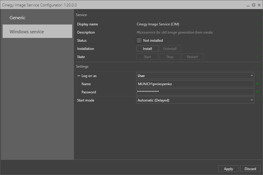 Cinegy Image Service Configuration Credentials